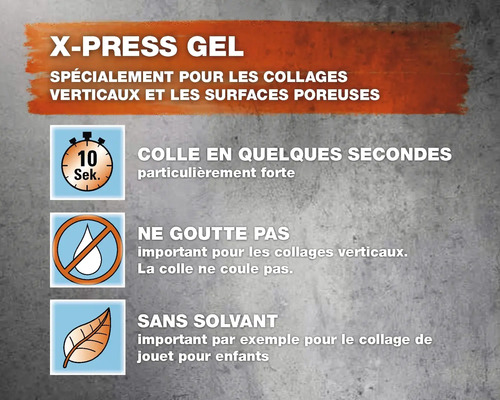 X-Press Gel Caractéristiques : Séchage rapide, ne coule pas, sans solvant