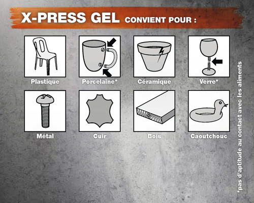 X-Press Gel convient pour plastique, porcelaine, céramique, verre, métal, cuir, bois, caoutchouc.