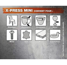 X-Press Mini convient pour plastique, porcelaine, céramique, verre, métal, cuir, bois, caoutchouc. Ne convient pas au contact avec les aliments.