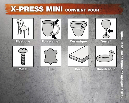 X-Press Mini convient pour plastique, porcelaine, céramique, verre, métal, cuir, bois, caoutchouc. Ne convient pas au contact avec les aliments.