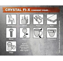 Crystal Fi-X convient pour plastique, béton, pierre, bois, métal, verre, porcelaine, céramique, liège, polystyrène, stratifié et PVC rigide