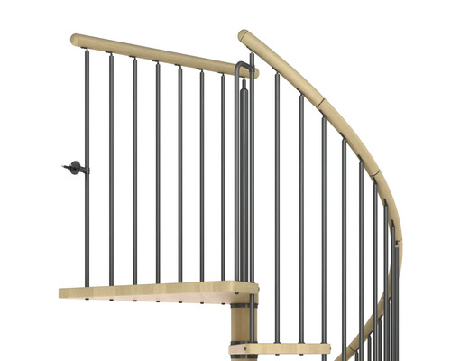 Detailansicht einer Wendeltreppe mit Holzstufen und Metallgeländer