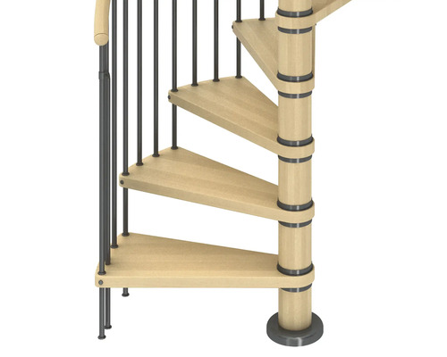 Detailansicht einer Wendeltreppe mit Holzstufen und Metallgeländer