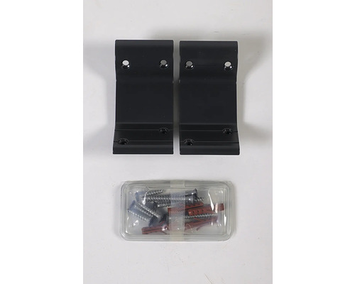 Zwei schwarze Winkelverbinder mit Schrauben und Dübeln zur Befestigung