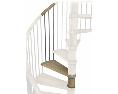 Detailaufnahme einer Wendeltreppe mit Holzstufen und Geländerstäben