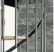 Vue détaillée d''un escalier en colimaçon avec marches en bois et rambarde en métal.