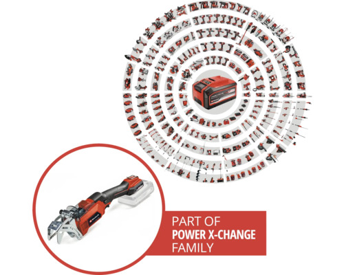 Gamme de batteries Einhell Power X-Change avec scie à branches et batterie au centre