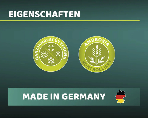 Eigenschaften: Ganzjahresfütterung Symbol, Ambrosia kontrolliert Symbol und Hergestellt in Deutschland Kennzeichnung