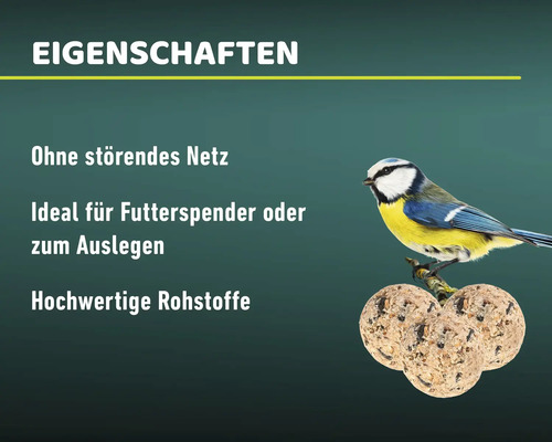 Eigenschaften von Vogelfutter ohne Netz, ideal für Futterspender, hergestellt aus hochwertigen Rohstoffen mit Blaumeise