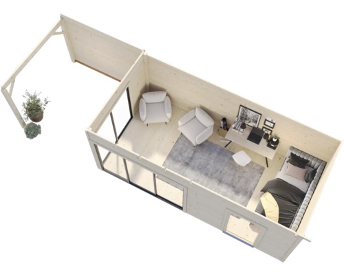 Maison de jardin en bois avec terrasse, fenêtres, fauteuils, bureau et lit en vue plongeante