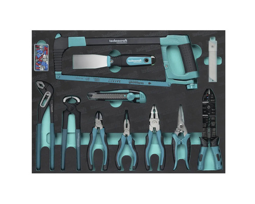 Assortiment d''outils Technocraft avec scie, spatule, cutter, pinces et coupe-câbles