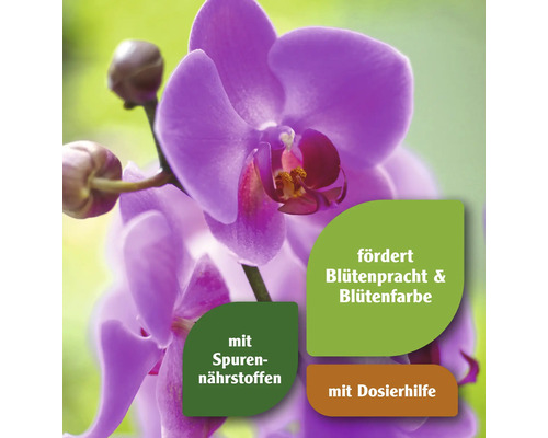 Orchidee mit dem Hinweis fördert Blütenpracht und Blütenfarbe, mit Spurennährstoffen und mit Dosierhilfe