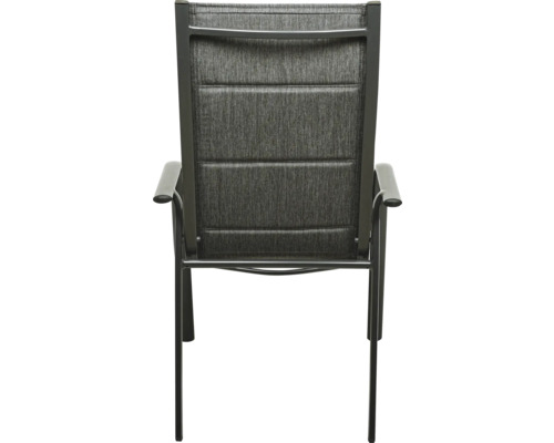 Vue arrière d''une chaise de jardin avec accoudoirs et revêtement en textile