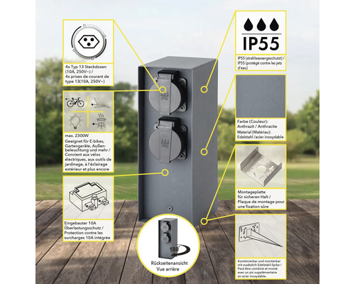 Prise extérieure anthracite avec quatre prises de type 13 et indice de protection IP55