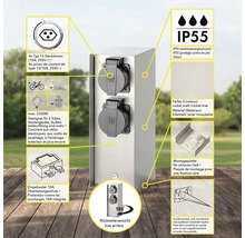 Colonne de prises de courant en acier inoxydable avec quatre prises et indice de protection IP55