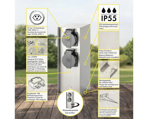 Colonne de prises de courant en acier inoxydable avec quatre prises et indice de protection IP55