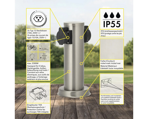 Edelstahlsäule mit zwei Steckdosen, IP55 Strahlwasserschutz, geeignet für E-Bikes, Gartengeräte und Aussenbeleuchtung