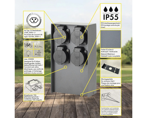 Prise extérieure avec quatre prises de type 13, convient aux vélos électriques et aux outils de jardinage, avec protection contre les surcharges et protection contre les jets d''eau IP55.