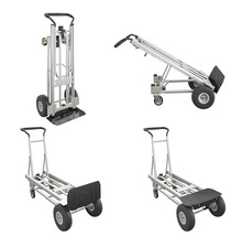 Vues multiples d''un diable multifonctionnel en aluminium avec surface de chargement extensible.