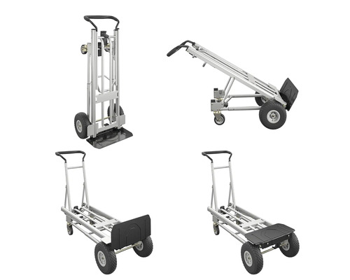 Vues multiples d''un diable multifonctionnel en aluminium avec surface de chargement extensible.