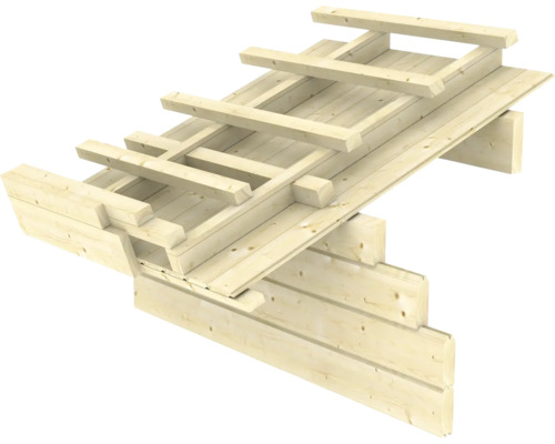 Construction en bois composée de poutres et de planches.