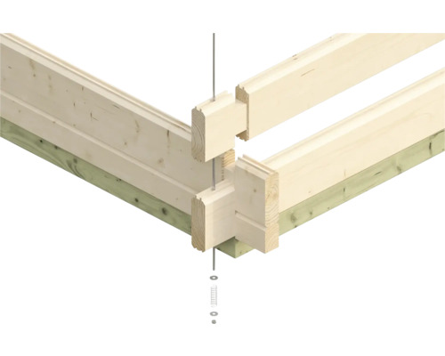 Vue détaillée de l''assemblage d''angle d''un abri de jardin avec tige filetée, ressort et rondelles.