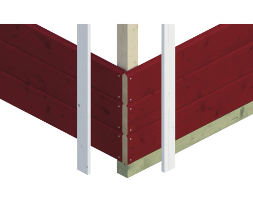 Detailansicht einer roten Holzfassade mit weißen Eckverbindungen und Holzpfosten.