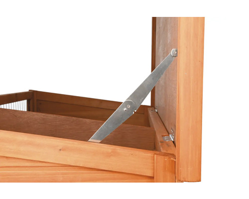 Vue détaillée d''un poulailler avec couvercle et entretoise métallique pour la stabilisation