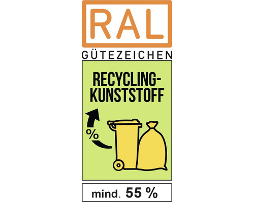 RAL Gütezeichen Recyclingkunststoff: Kennzeichnung für Produkte aus mindestens 55 Prozent Recyclingkunststoff.