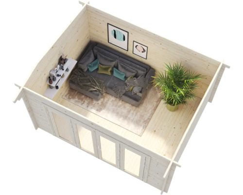 Vue intérieure d''un abri de jardin lumineux avec canapé, table et plante d''intérieur