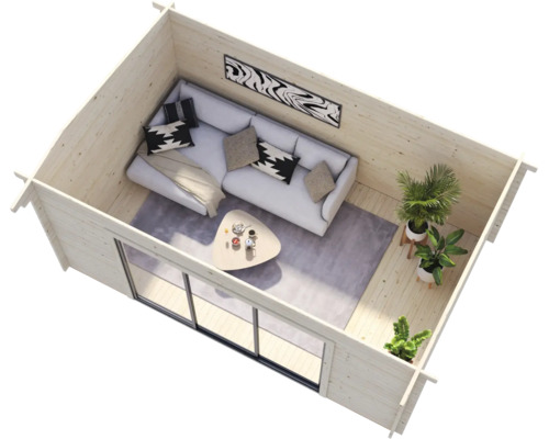 Maison en bois clair avec salon, canapé, table et plantes