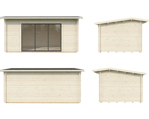 Vues multiples d''une cabane de jardin en bois avec porte coulissante