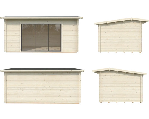 Vues d''une cabane de jardin en bois avec toit monopente et porte coulissante en verre