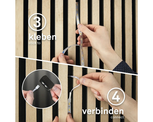 Illustration der Montage eines LED-Streifens durch Kleben und Verbinden.