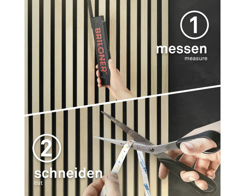 Illustration der Montage einer LED-Leiste: Messen mit einem Gliedermaßstab und Schneiden mit einer Schere.