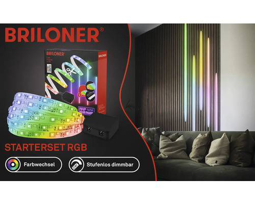 Briloner Logo. RGB LED-Streifen Starterset mit Farbwechsel und stufenloser Dimmung zur Raumbeleuchtung.