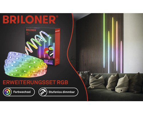Briloner Logo. RGB Erweiterungsset mit Farbwechsel und stufenloser Dimmfunktion in Wohnraum-Szene.