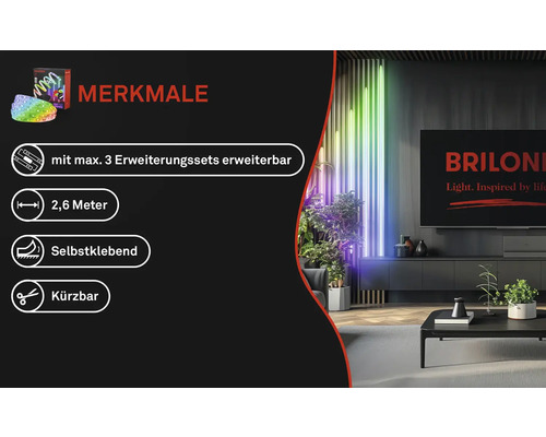 Produktmerkmale: Erweiterbar mit maximal drei Erweiterungssets, 2,6 Meter Länge, selbstklebend, kürzbar, Briloner Logo.