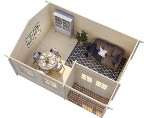 Vue intérieure d''une maison en bois avec des meubles