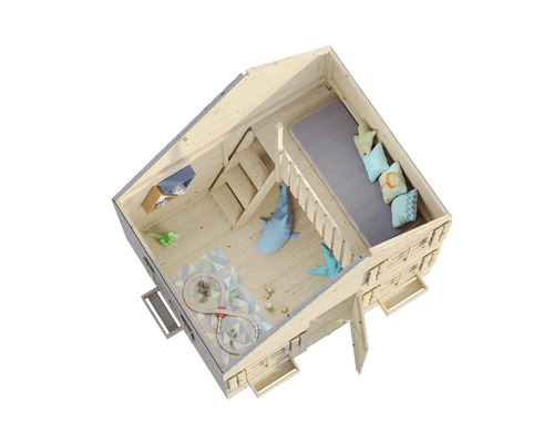 Spielhaus aus Holz mit zwei Etagen, Leiter, Spielzeug und Dekorationen.