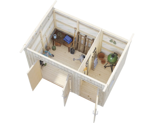 Vue de dessus d''une cabane de jardin en bois avec des outils et des accessoires de jardinage