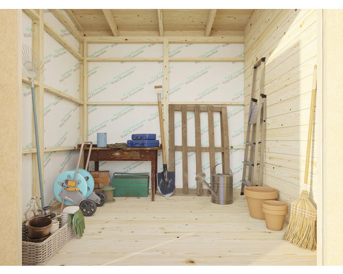 Intérieur d''une cabane de jardin avec outils de jardin et outils