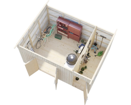 Vue intérieure d''un abri de jardin en bois avec vélos, outils et équipements de jardin