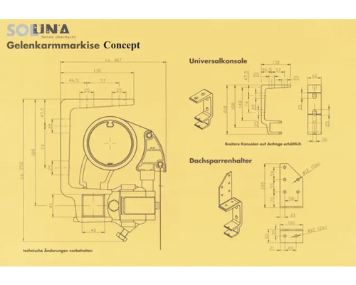 Schéma technique d''un store banne avec dimensions et détails sur la console universelle et le support de chevrons