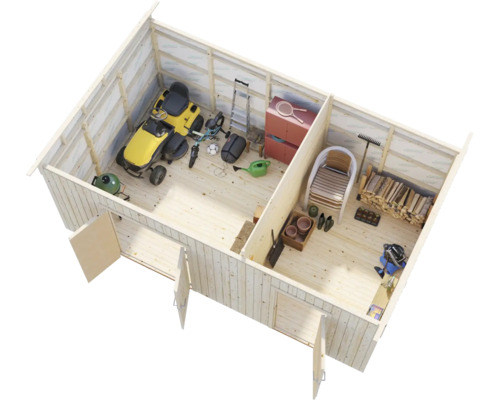 Vue de dessus d''un abri de jardin en bois avec outils de jardinage, tondeuse à gazon et bois de chauffage