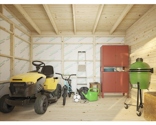 Abri de jardin lumineux avec tracteur de pelouse, barbecue, vélo et outils de jardin