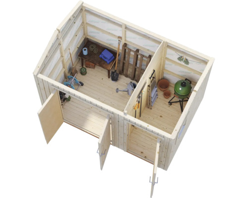 Draufsicht eines Gartenschuppens aus Holz mit geöffneten Türen und Gartengeräten