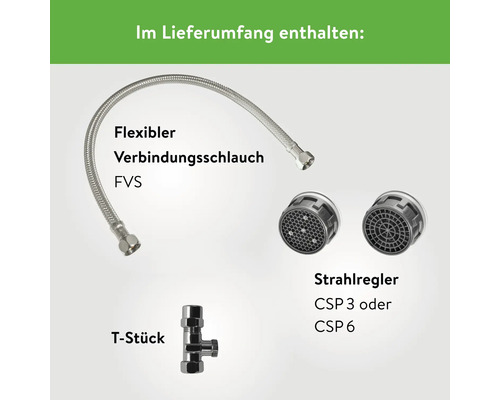 Lieferumfang: flexibler Verbindungsschlauch, Strahlregler CSP 3 oder CSP 6, T-Stück