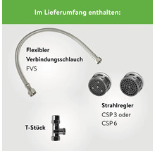 Im Lieferumfang enthalten: flexibler Verbindungsschlauch, Strahlregler und T-Stück