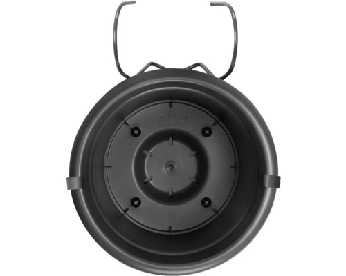 Schwarzer Pflanztopf mit Halterung zur Befestigung.